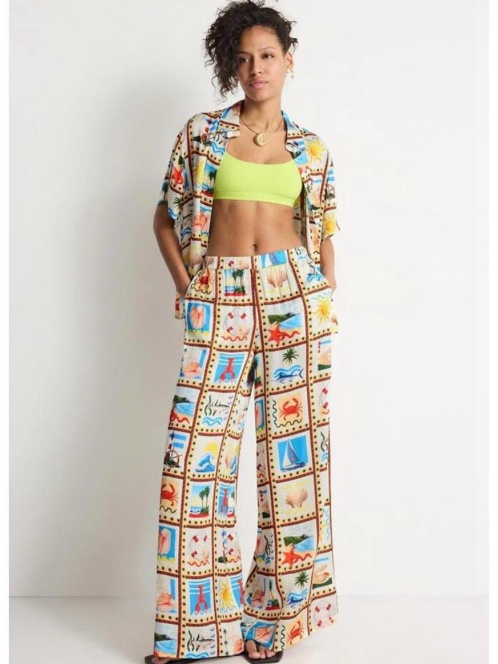 WeWoreWhat Wide-Leg Tile Print Pants with Neon Lime Accent